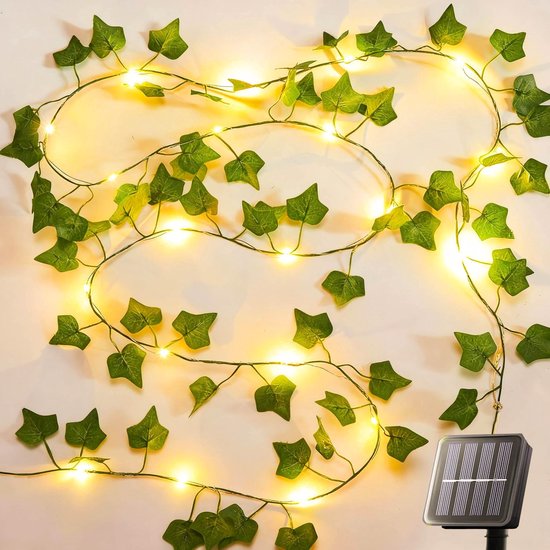 yowin Lichtsnoer op zonne-energie, 10 m, 100 leds, kunstmatige klimop, slinger, 8 modi, slinger, kunstbladeren, IP65, waterdicht, lichtketting voor tuin, terras, balkon, Kerstmis, bruiloft