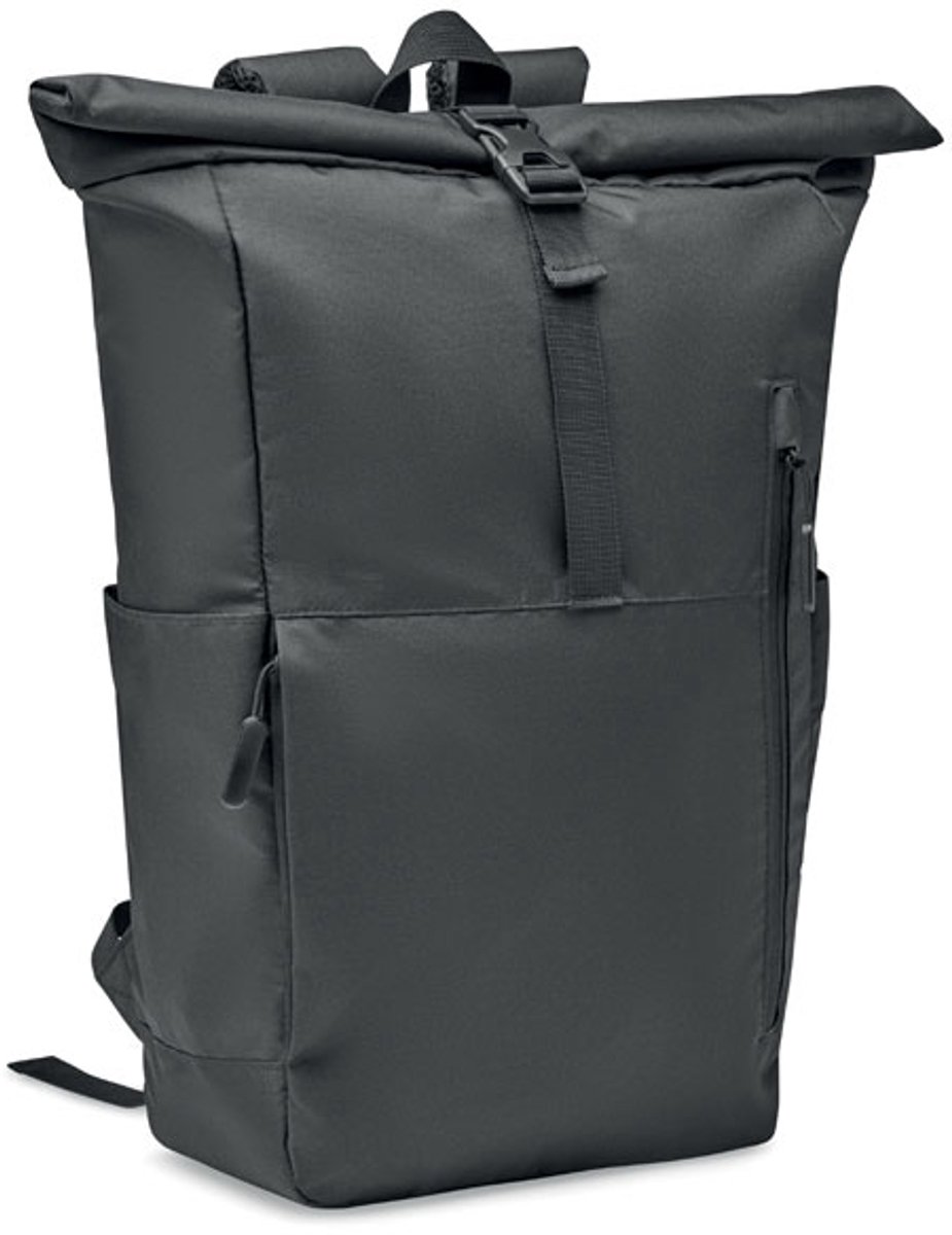 15 inch rolltop laptop rugzak van 300D RPET polyester. Groot voorvak met rits en klein verborgen vak met karabijnlus binnenin.
