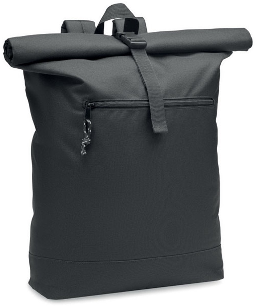 Rolltop rugzak van 600D RPET polyester met gewatteerde rug en bodemversterking