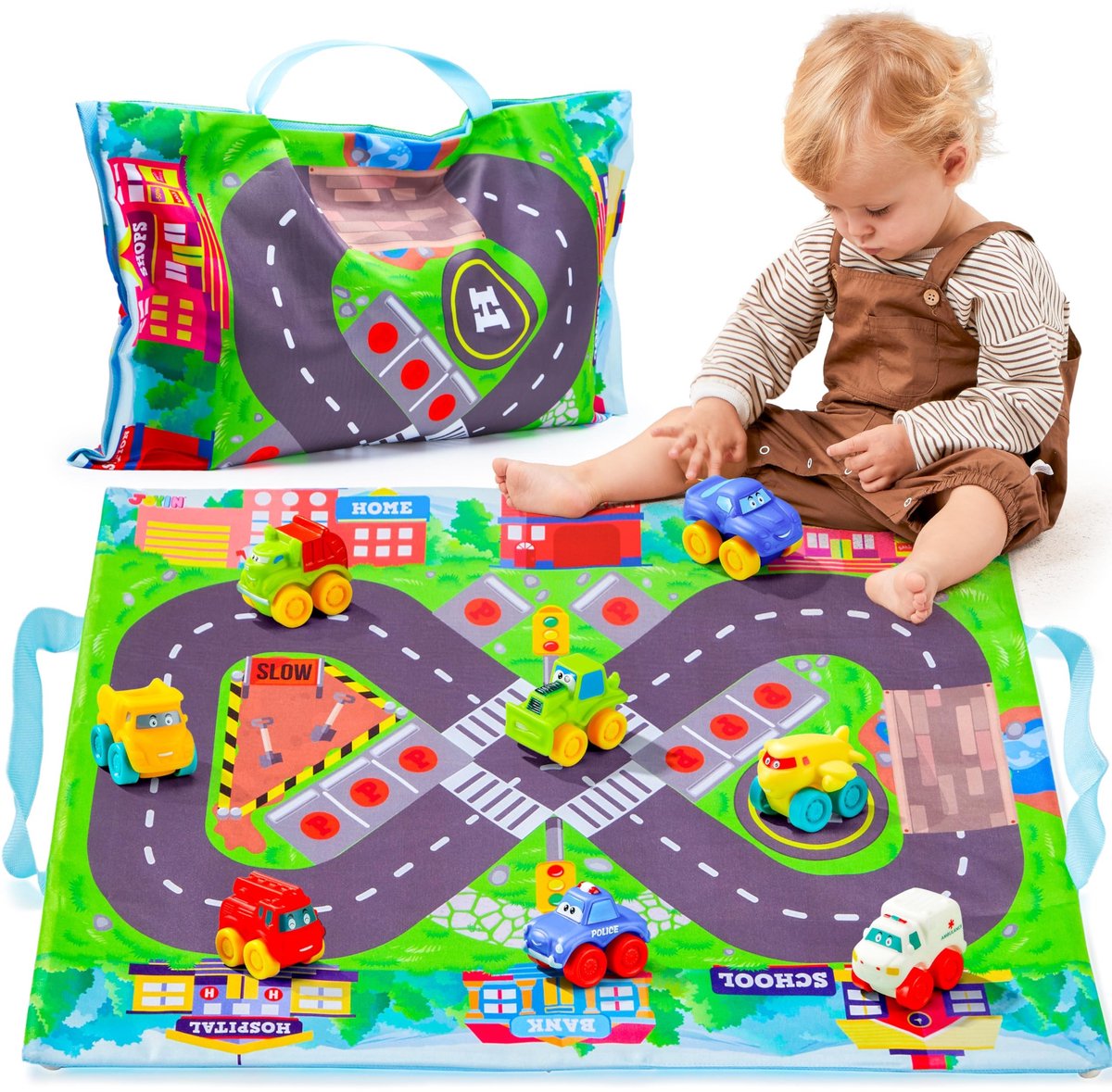 Solidchoice - Set van 8 Cartoon Rubber Babyauto's met Speelmat