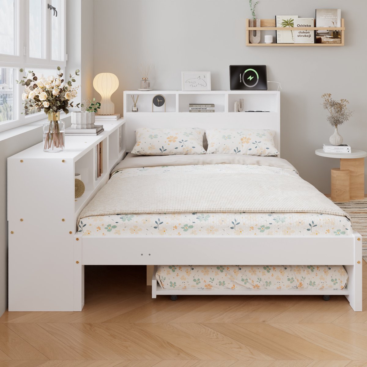 Houten bed 120x200 cm met uitschuifbaar bed - met zijopbergplank - hoofdbordplank en oplaadstation - wit