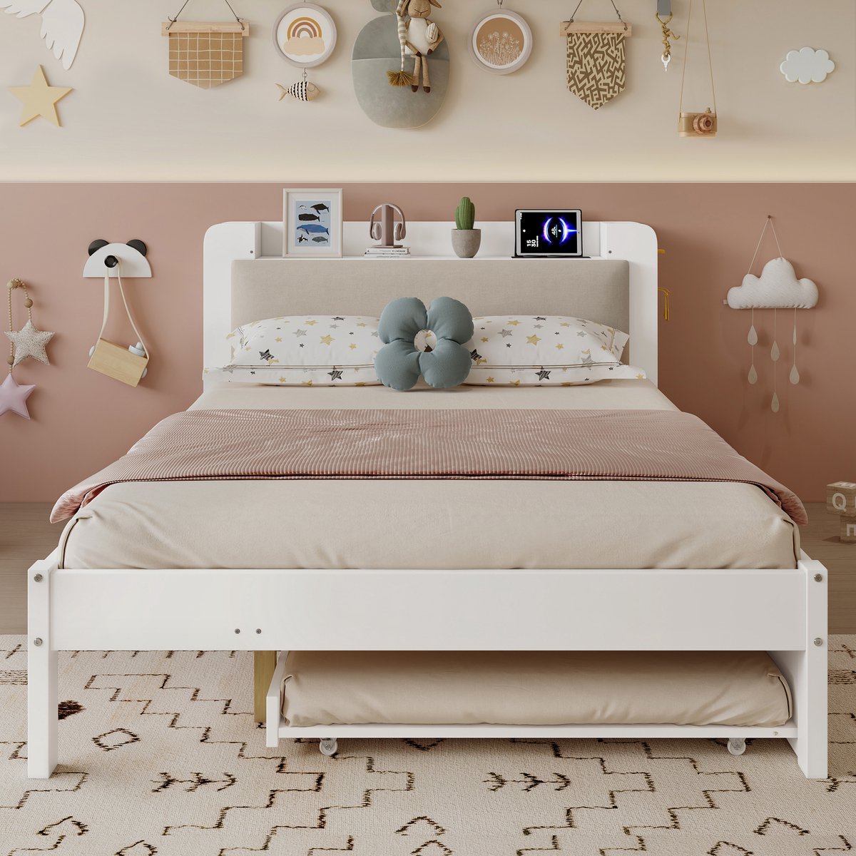 Houten bed 120x200 cm - met uittrekbed 90x190 cm - hoofdeinde-rek - oplaadstation en open opbergruimte - wit