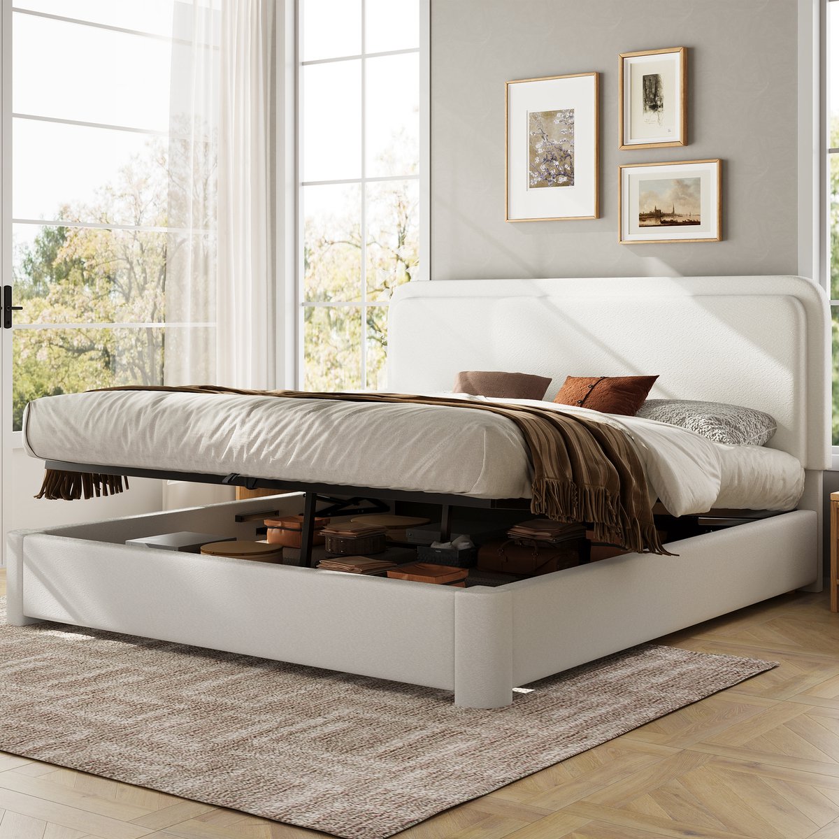 Gestoffeerd bed 160x200 cm - verstelbare hoofdeinde - met lattenbodem - hoofdeinde en veel opbergruimte - crèmekleurig - zonder matras