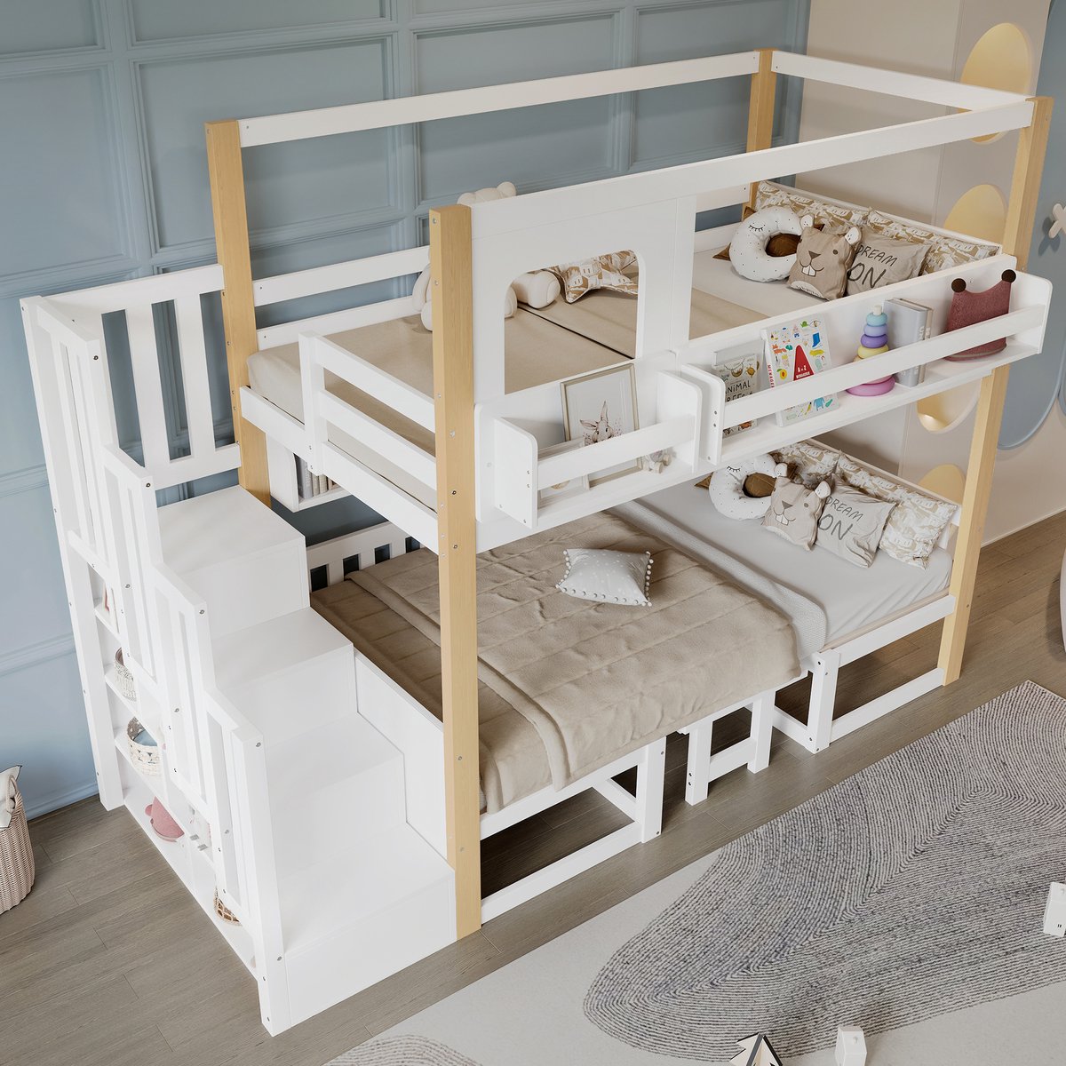 Stapelbed 90x200cm - kinderbed - verstelbare hoogte bureau - bedrand met klein boekenplankje - opbergladder - wit en houtkleur - zonder matras