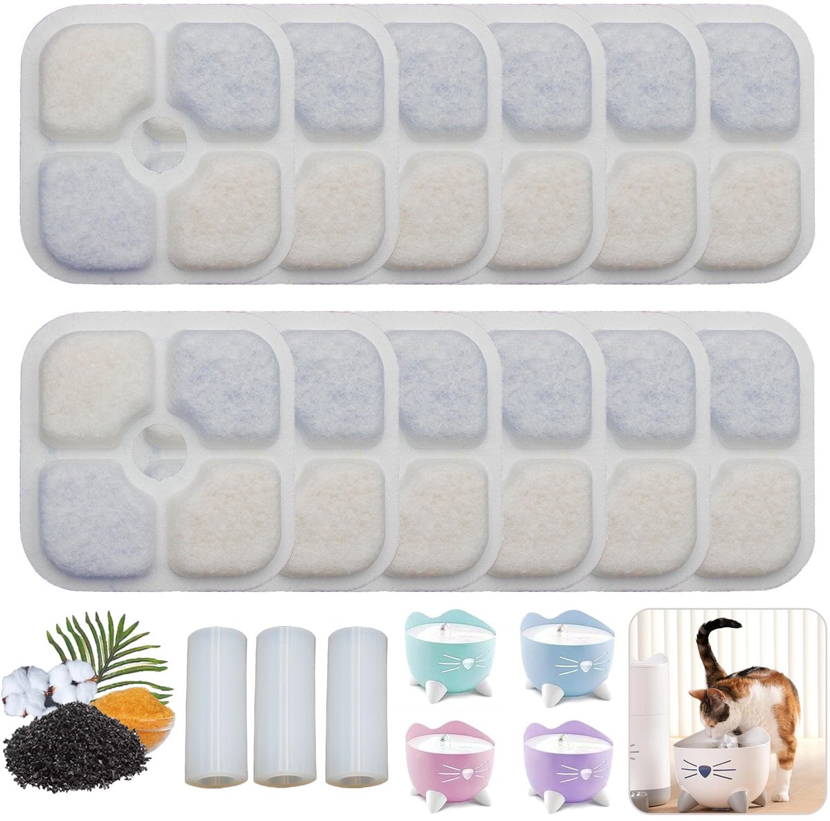 Filters - Filters voor drinkfonteinen voor katten - Set van 12 stuks - met drielaags filtersysteem - met 3 buisjes - Compatibel met Catit Pixi filters - Wit