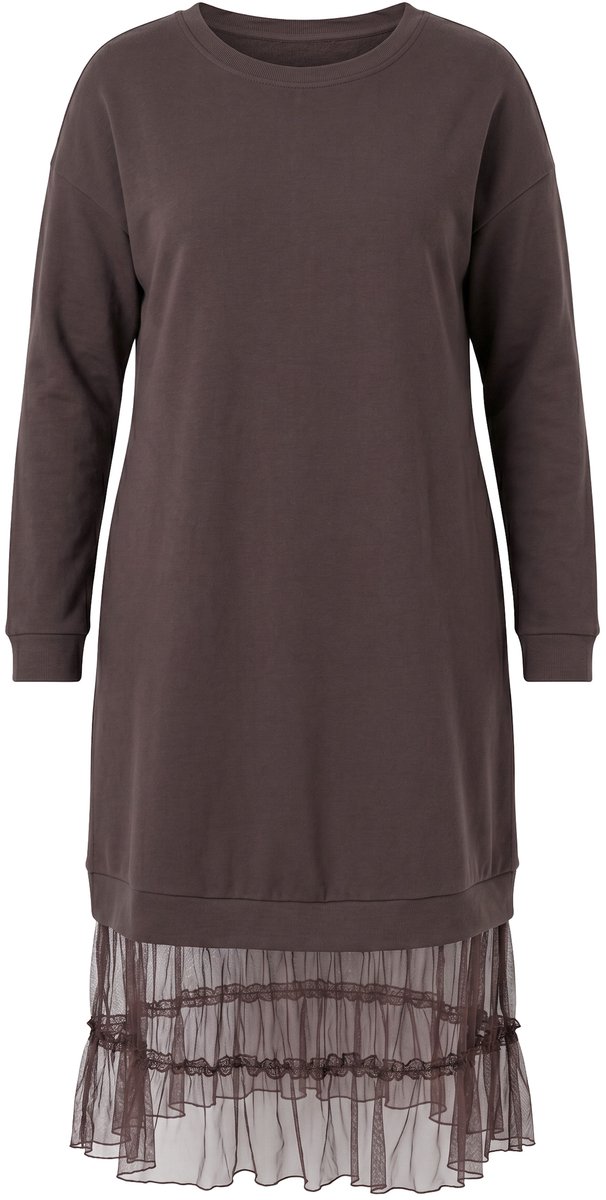 MIAMODA - Dames - Midi-sweatjurk oversized met mesh-volants aan de zoom - Hazelnootbruin - Maat 54