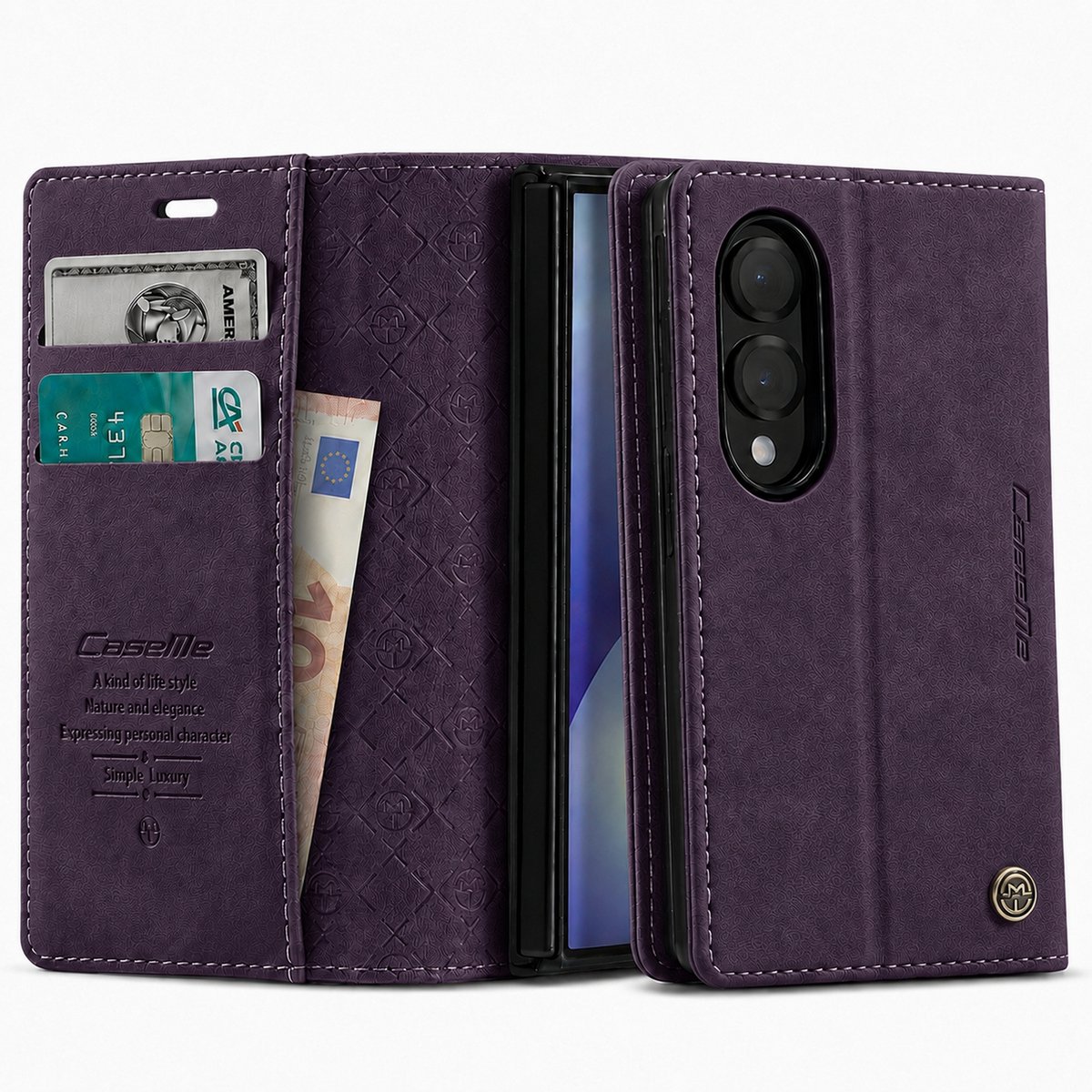 Caseme, Leren Hoesje Geschikt voor Samsung Galaxy Z Fold 8 Anti-RFID Pashouder en Standaard, Paars