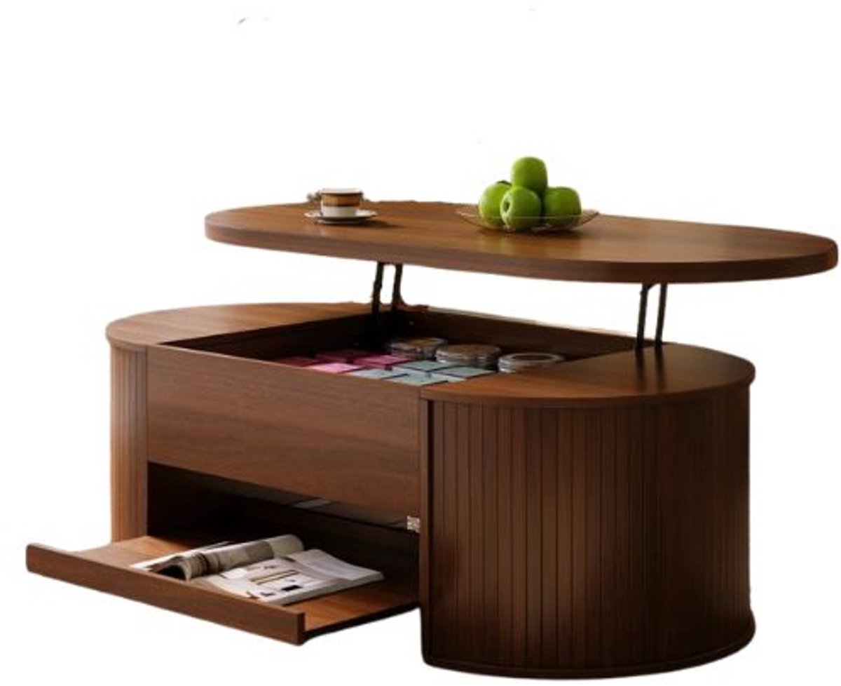 Emvae Salontafel - Salontafel met Opbergruimte - Hoogte Verstelbare Tafel - Opklapbaar Blad - Uitschuifbare Plank - Walnootkleur - 110 × 55,5 × 40 cm