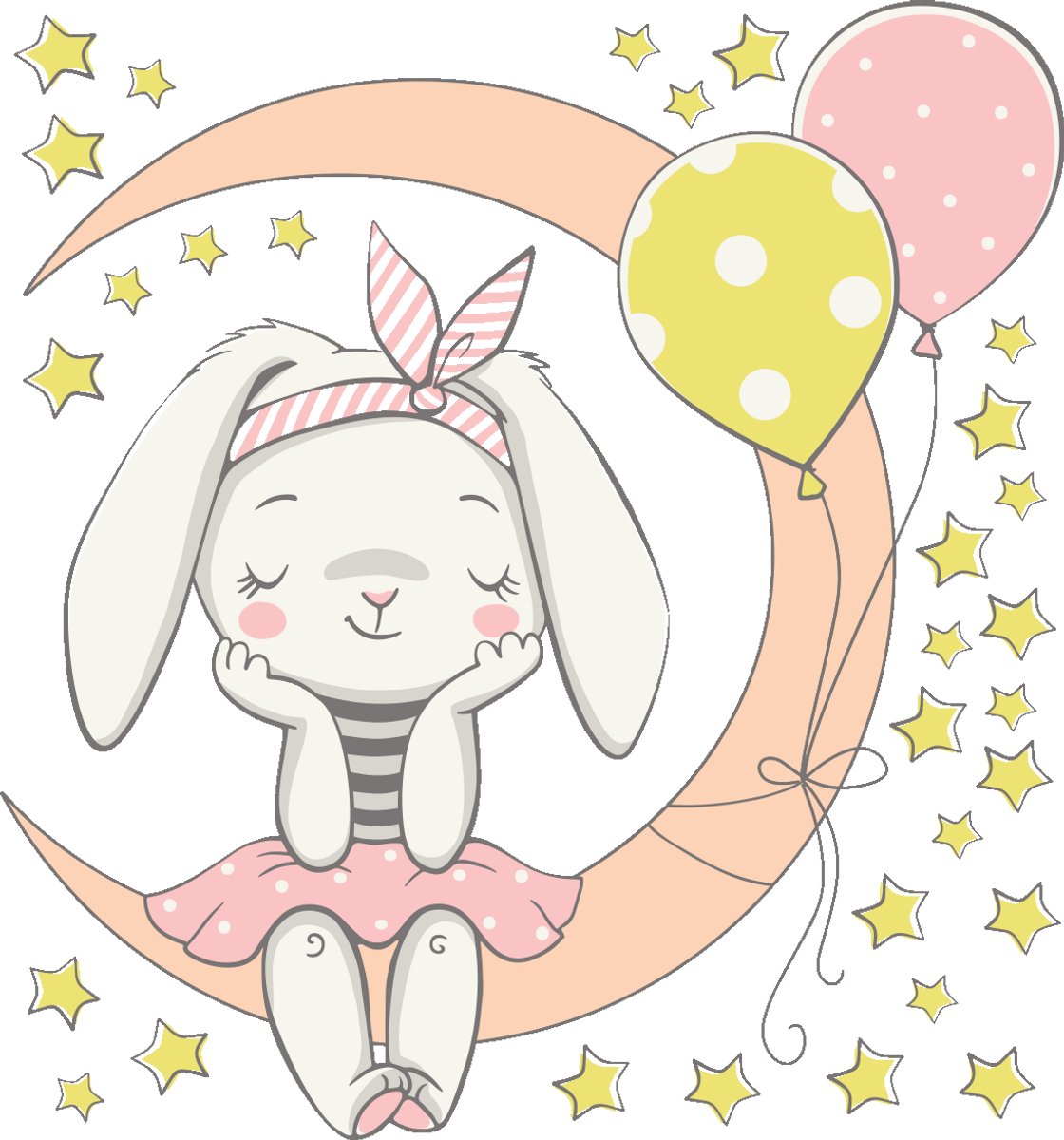 Ambiance Sticker Muurstickers - Kindje Konijn zittend op de maan en 30 sterren - Transparante achtergrond - 75x70cm Multi color