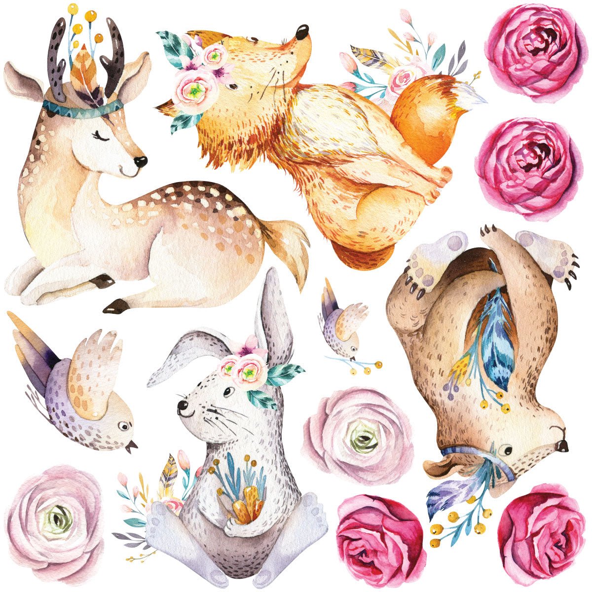 Ambiance Sticker Muurstickers - Dieren en bosrozen - Transparante achtergrond - 50x50cm Multi color