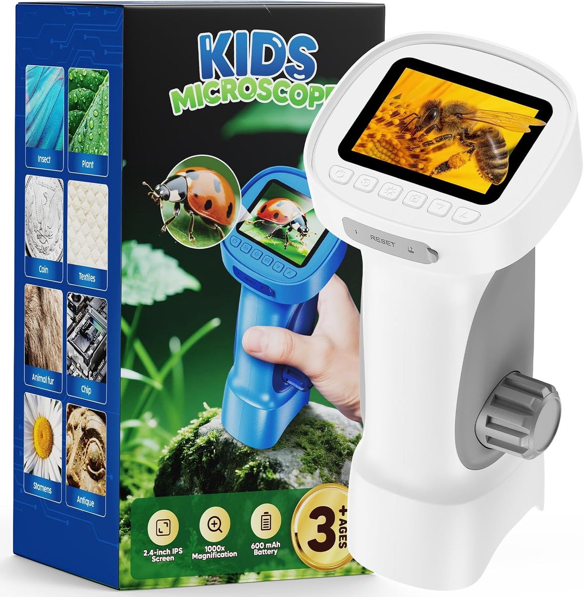 Bobypet - Kinder Microscoop met IPS Scherm - 1000X Digitale Zakmicroscoop voor Kinderen - Opneembare Handmicroscoop met 8 LED's, Type-C en PC Aansluiting - Lichtgrijs