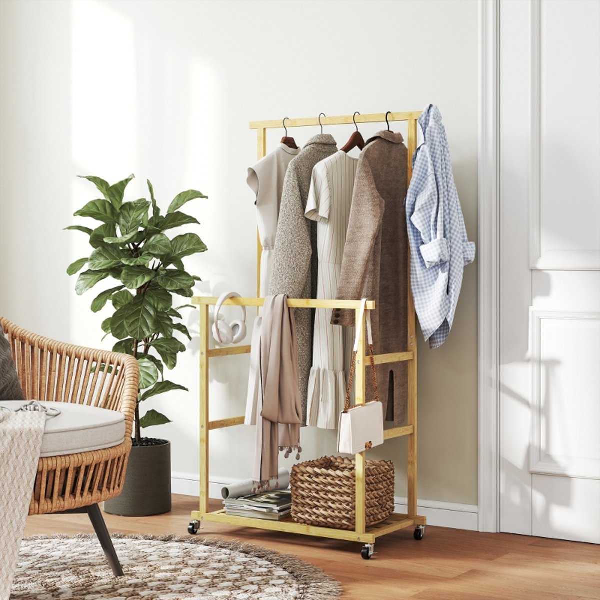 OKWISH Kledingrek Met Wielen – Dubbele Hangstang En Schoenenrek – 80 X 40 X 160 Cm – Bamboe – Naturel – Voor Slaapkamer, Hal En Kantoor