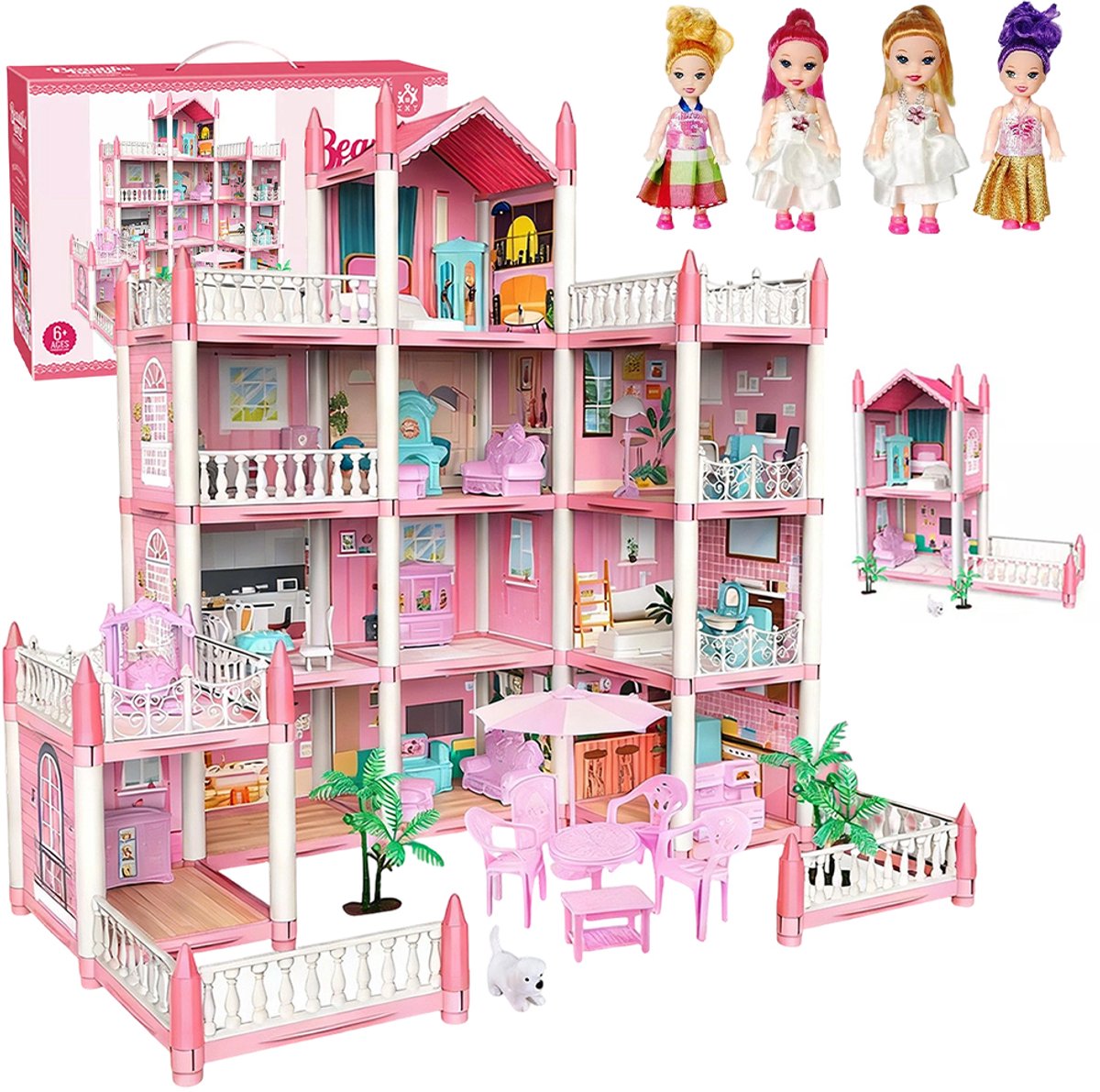 Prinsessen Villa Poppenhuis - Speelgoed Kasteel - 4 Verdiepingen & 11 Kamers - Zelf In Elkaar Te Zetten - Complete Meubelset & 4 Poppen - Voor Kinderen vanaf 6 Jaar & Cadeau