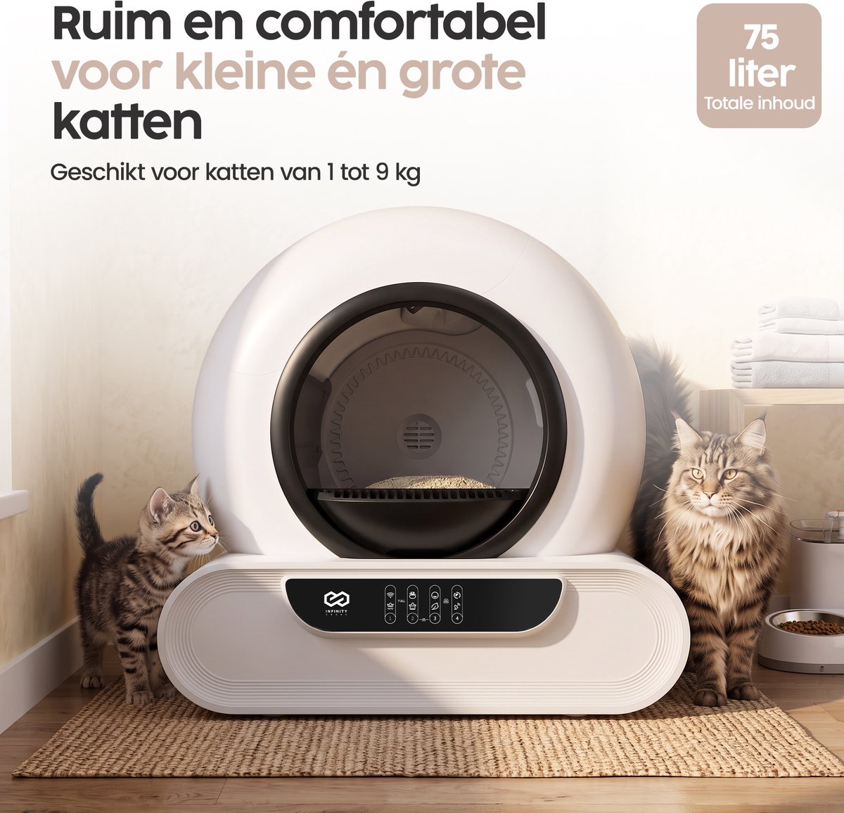 Infinity Goods Automatische Kattenbak XXL - Zelfreinigende Kattenbak - Incl. App - 75L - Met Kattenbakmat en 3 Rollen Opbergzakjes thumbnail 5