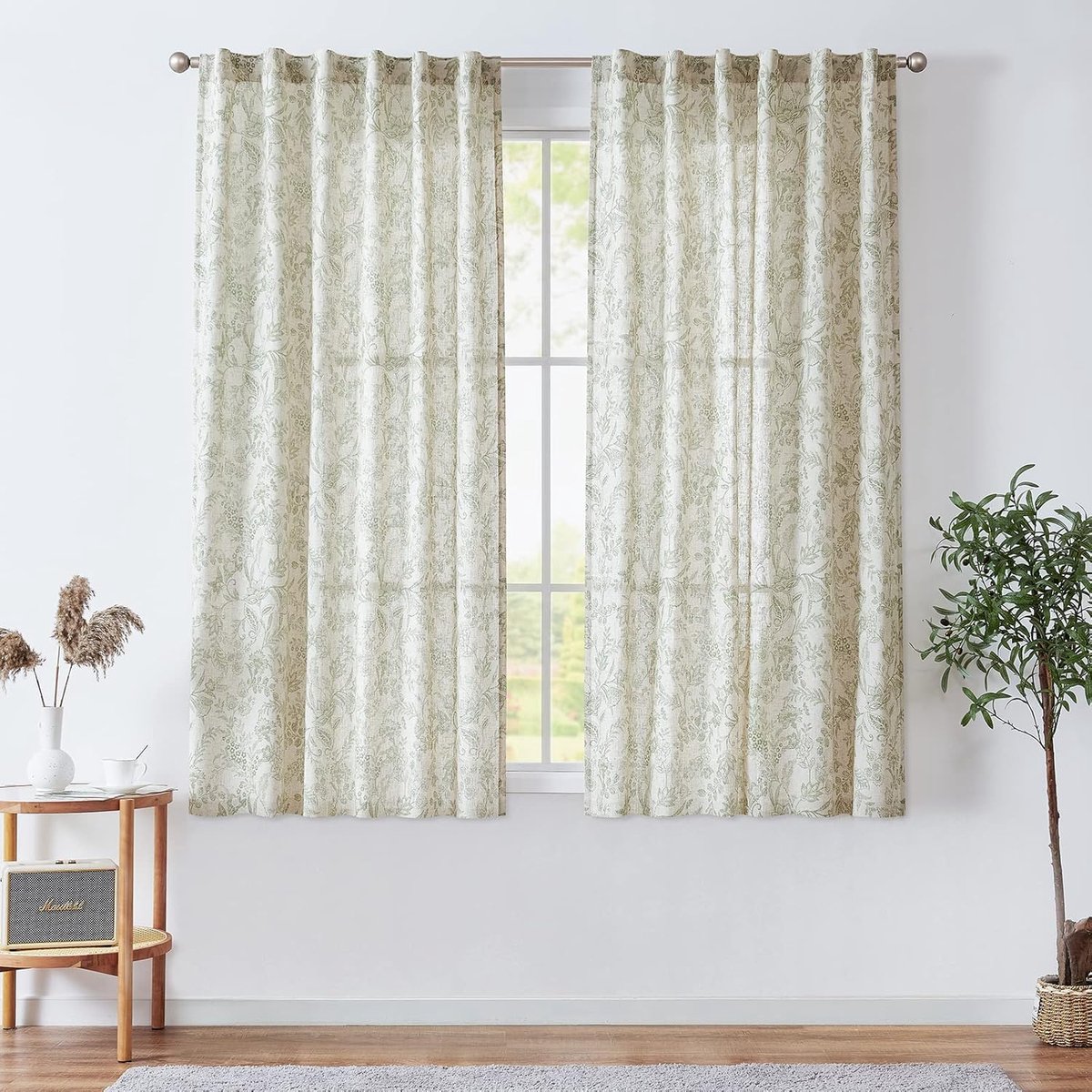 TOPICK Gordijnen linnen gordijnen bloemen bedrukt woonkamer gordijn met verborgen lussen gordijnen woonkamer voor slaapkamer landhuis deur set van 2 groen op beige 140 B x 145 H (cm)