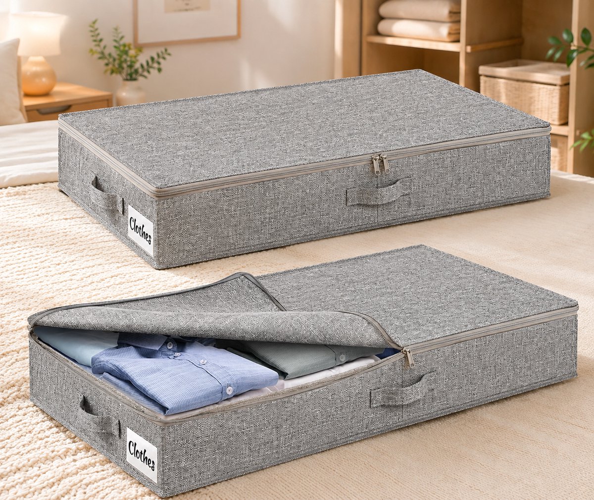 Opbergdoos onder bed met deksel 12 cm hoog - 2 stuks - Opvouwbaar - Met 3 handgrepen en ritssluiting - Opbergbox voor kleding, dekens en schoenen