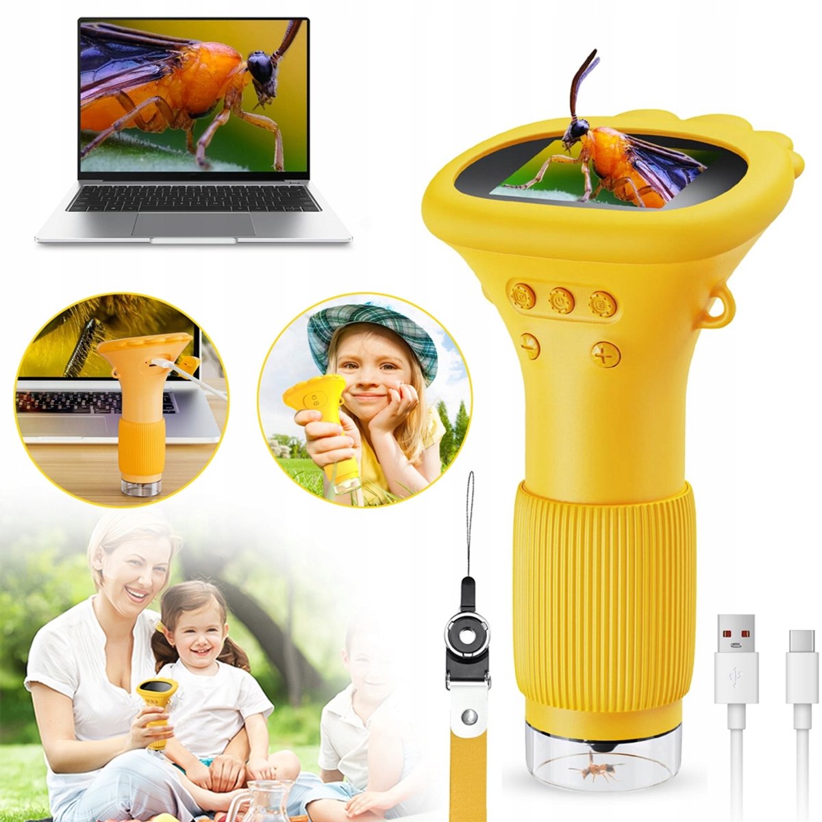 Draagbare Zakmicroscoop Met 1000x Vergroting En 2-Inch Scherm Met Hoge Resolutie USB-Oplaadbaar – Foto & Video 8 Ledlampjes Siliconen Beschermhoes – STEM-Cadeau Voor Kinderen Vanaf 3 Jaar Voor De Start Van Het Schooljaar – Geel