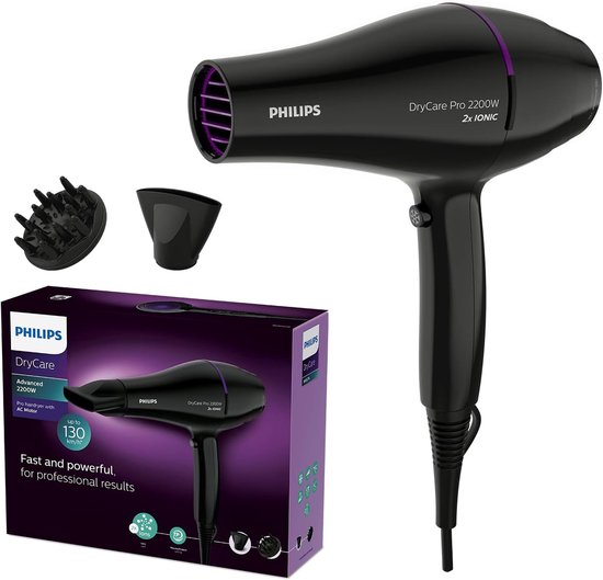 Zwarte Philips DryCare Pro föhn met paarse ringen. Inclusief diffuser en smalle mondstuk. Verpakking toont föhn en "Fast and powerful".
