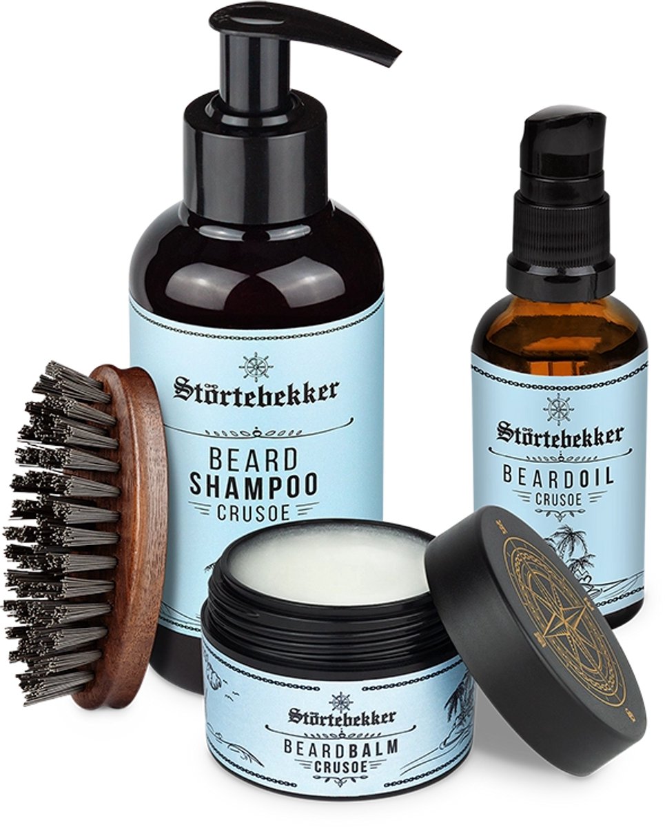 Störtebekker® Anti-Jeuk Baardset Crusoe - Beard Care Set Heren met Avontuurlijk-Frisse Geur - Baardolie, Baardbalsem, Baardborstel & Baardshampoo - Met Eucalyptus & Aloe Vera - Vegan - Zonder Parabenen & Siliconen - 4-Delige Set
