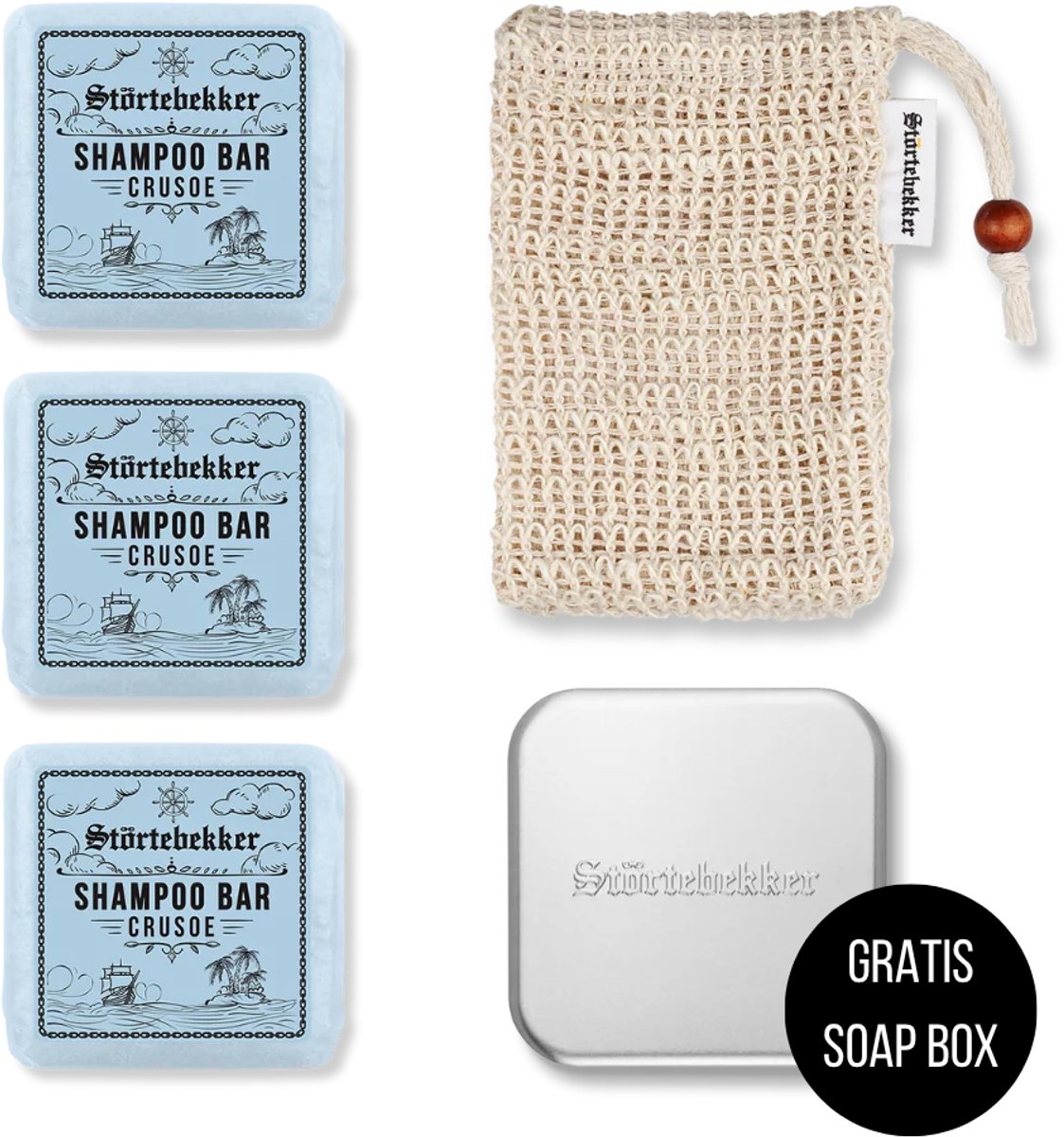 Störtebekker® Premium Doucheset Hair - Vaste shampoo (100 g x3), sisalzakje + GRATIS aluminium zeepdoosje - Shampoo Bar Set - Solid shampoo Set- Handgemaakt in NL