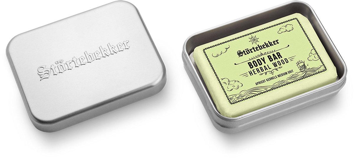 Störtebekker® Body Bar & Zeepdoos XL Set Herbal Wood - Douche Set Heren met Peeling-Effect & Houtig-Kruidige Geur - Vaste Douchezeep in Aluminium Zeepdoos - Vegan & Zonder Microplastics - Handgemaakt in Nederland