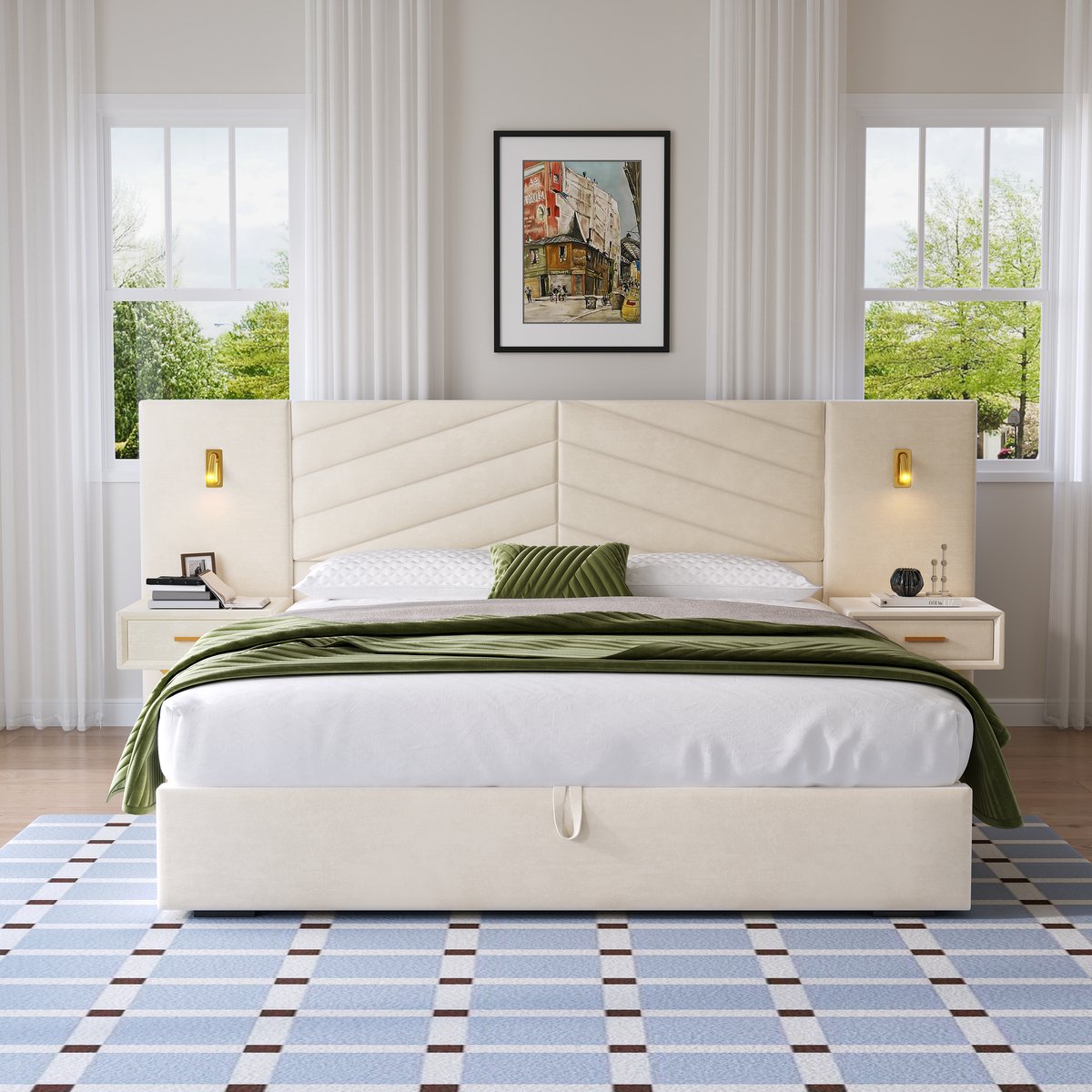 STILVORA Bedframe 160 x 200 cm Zonder matras - Opbergruimte Met Gaslift - 2 Nachtkastjes en 2 Ledlampen - Voor Volwassenen - Modern - Beige Wit