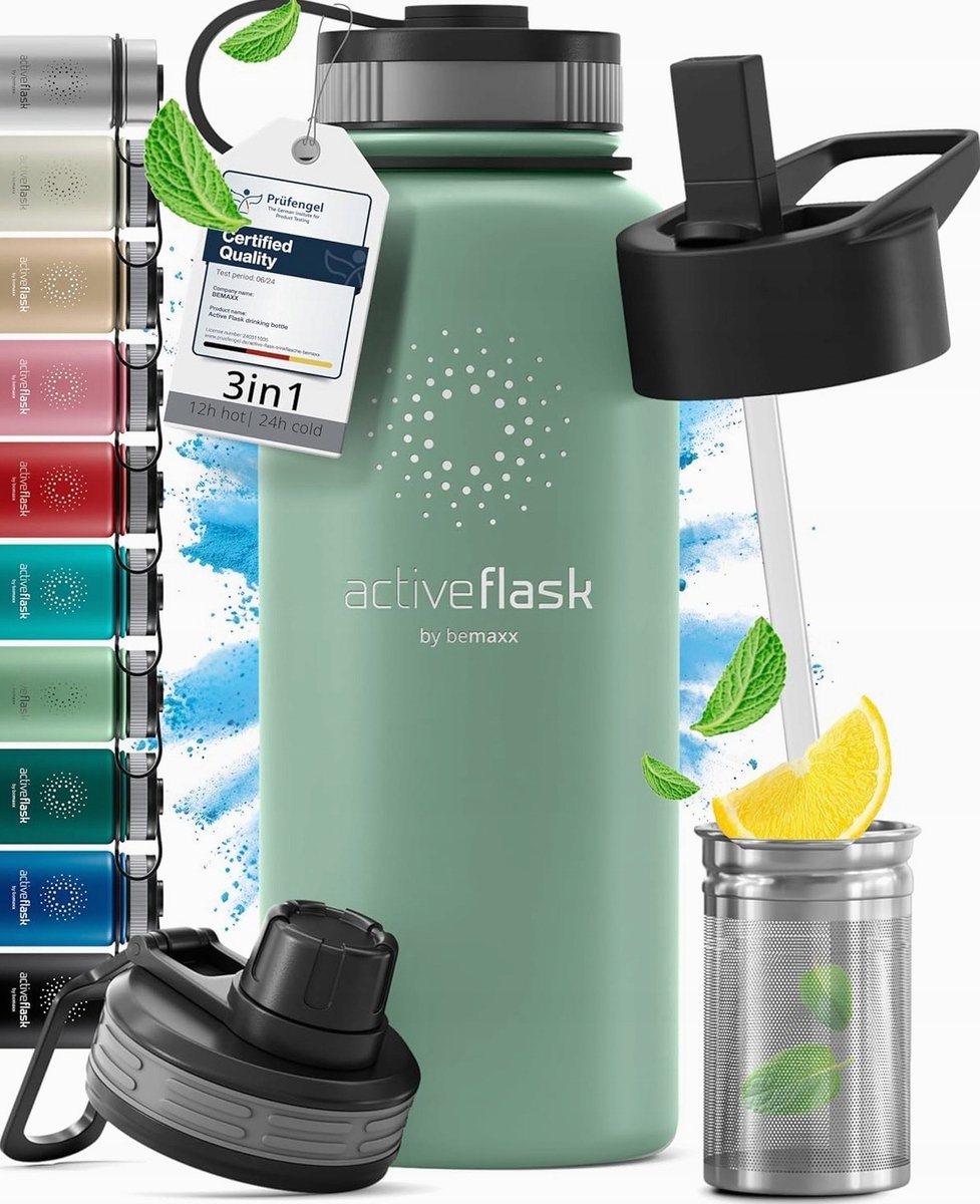 Thermosfles 950ml RVS met Rietje en 3 Lekvrije Doppen