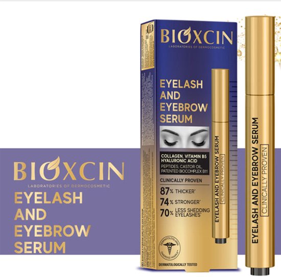Gouden flacon met BIOXCIN wimper- en wenkbrauwserum op een paarse doos met gouden details. Klinisch bewezen, 87% dikker.