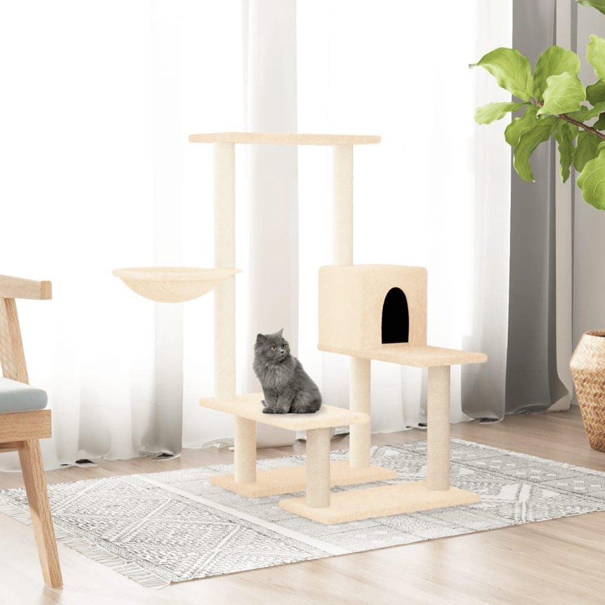 Krabpaal met Huisje - Kattenboom Klimtoren - Katten Vermaak - Meerdere Niveaus - 945 cm Hoog - Crèmekleurig