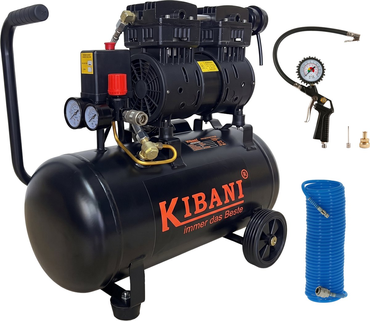 Kibani Super Stille Ecoline Compressor 24 Liter + Luchtslang 10 Meter + Bandenpomp - SET - Olievrij - 8 Bar - 116 L/min