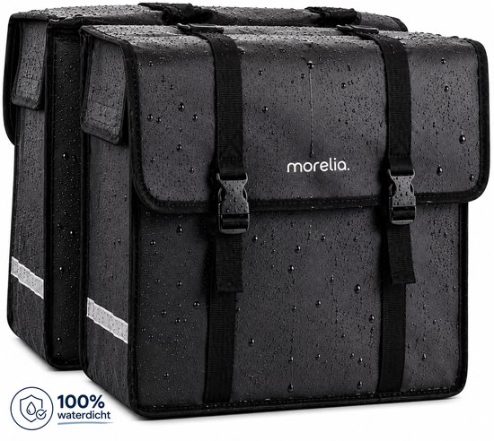 Sacoche double noire Morelia, avec bandes réfléchissantes et boucles. Le sac est 100% imperméable.