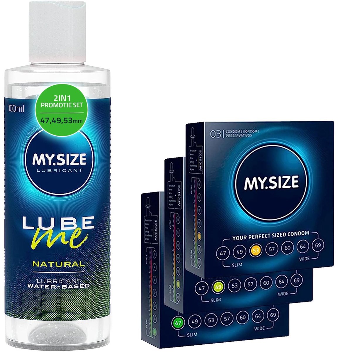 MY.SIZE Condoom + Glijmiddelset met 100 ml Lube Me Glijmiddel Naturel & 3x3 condooms 47, 49, 53 mm breed I glijmiddel op waterbasis I Glijmiddel Gel geschikt voor Toys & Latex condooms