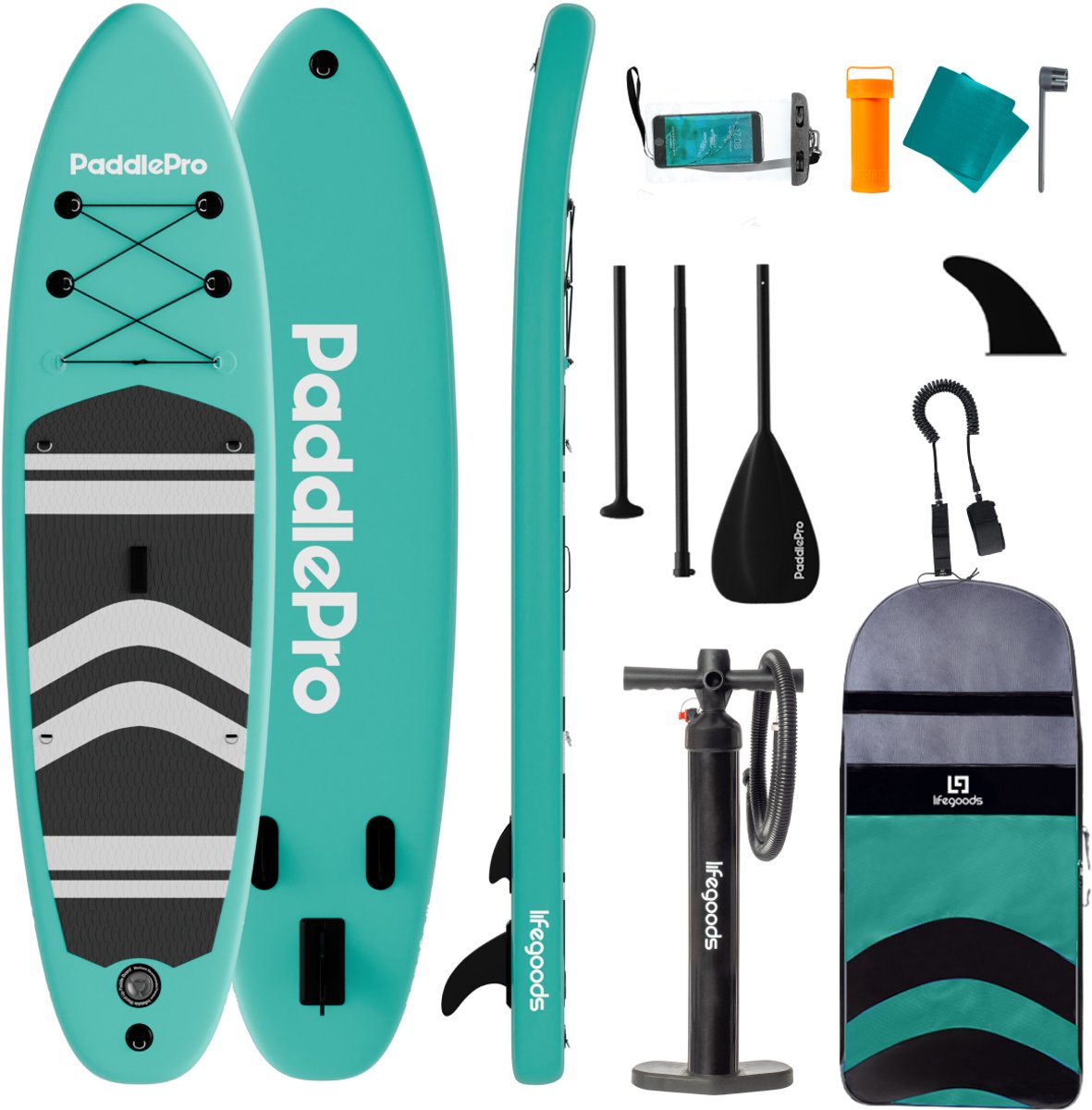 Bol.com LifeGoods PaddlePro SUP Board - Opblaasbaar Paddle Board - Complete Set - Max. 150KG - 320x81cm - Mintgroen/Zwart aanbieding