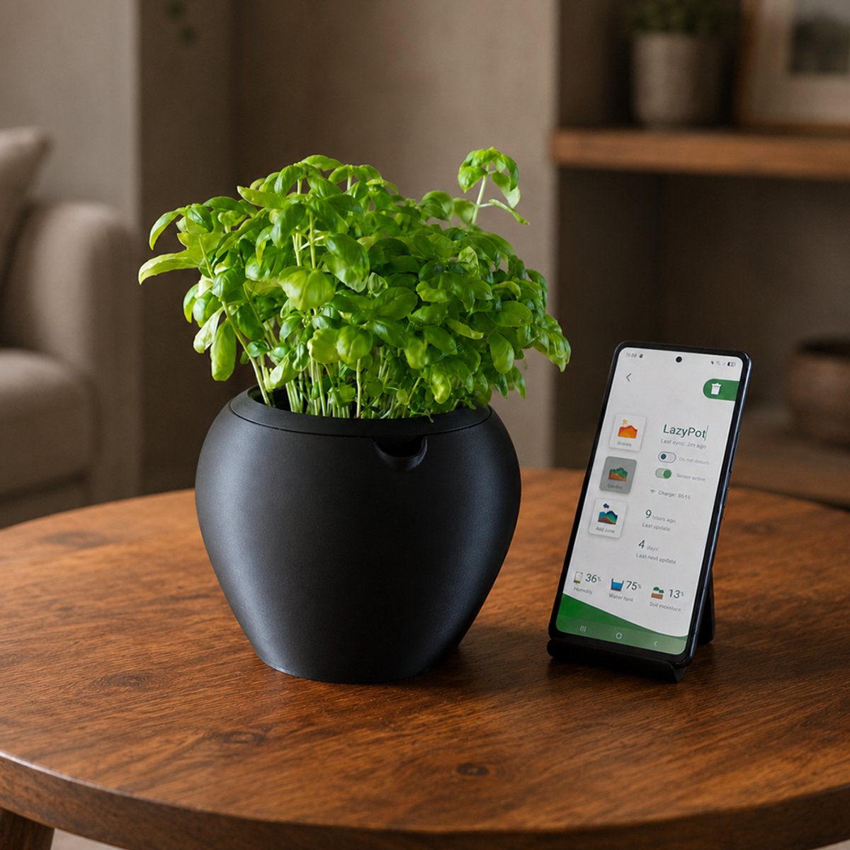 LazyPot Zwart – Zelfwatergevende Plantenpot met App – Ø 11 x 10 cm – 1L Waterreservoir – Slimme Bloempot – Oplaadbaar – Mat Zwart — cadeau in Gadgets - foto 3