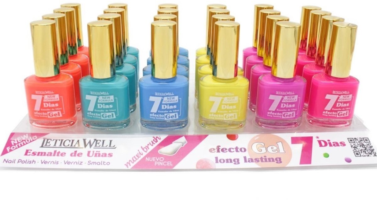 Leticia Well - Set met 6 Flesjes Fris / Fluor / Neon Nagellak - Oranje/Turquoise Groen/Blauw/Geel/Warm Fel Roze/Fel Roze - Inhoud per flesje 13 ml.