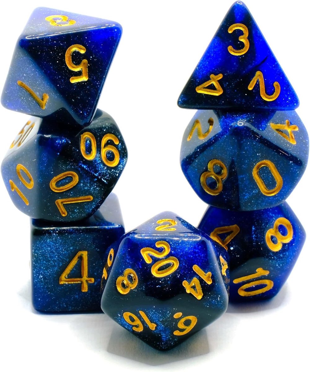 Starry Blue Night Sky - Polyset Dice - Polydice - Blue Black Glitters Transparent and Gold - Dice Set Of 7 Pieces - ShopVlot