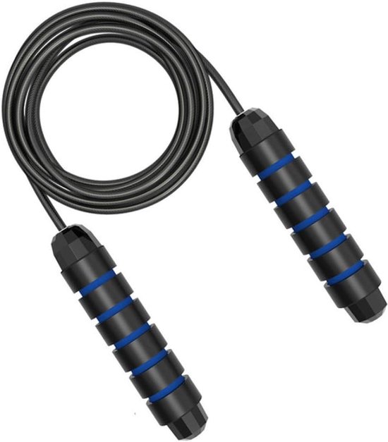 Zwart springtouw met blauwe ringen op de zwarte handgrepen.