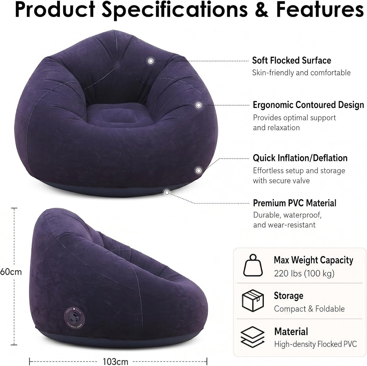 Inflatable Bean Bag 105 x 60 cm Inflatable Sofa Super Soft Bean Bag Portable Inflatable Chair for Living Room Bedroom - ShopVlot