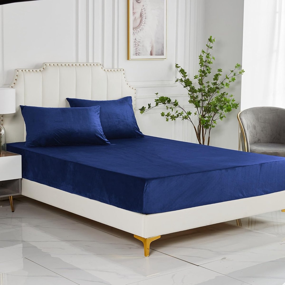DXHome Fitted Sheet 160 x 200 cm Blue Dark Blue Warm Cuddly Fleece Soft Cuddly Velvet Fluffy for Box Spring Beds 30 cm - ShopVlot