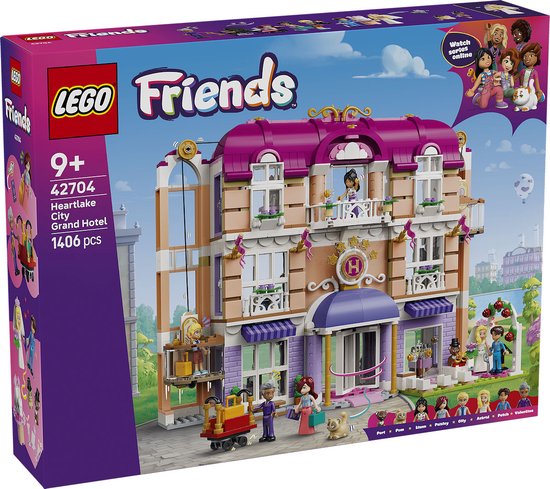 LEGO Friends Heartlake City Grand Hotel 42704, 1406 stuks. Roze en crème hotel met paarse details. Inclusief minipoppetjes en katten.