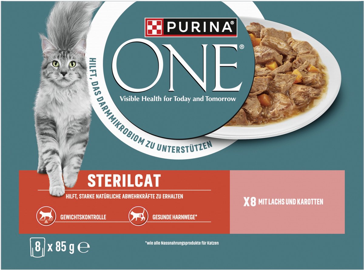 Purina One ONE STERILCAT 8-Pack Cat Food, Tender Chunks in Sauce with Salmon and Carrots (1 x 8 x 85g)