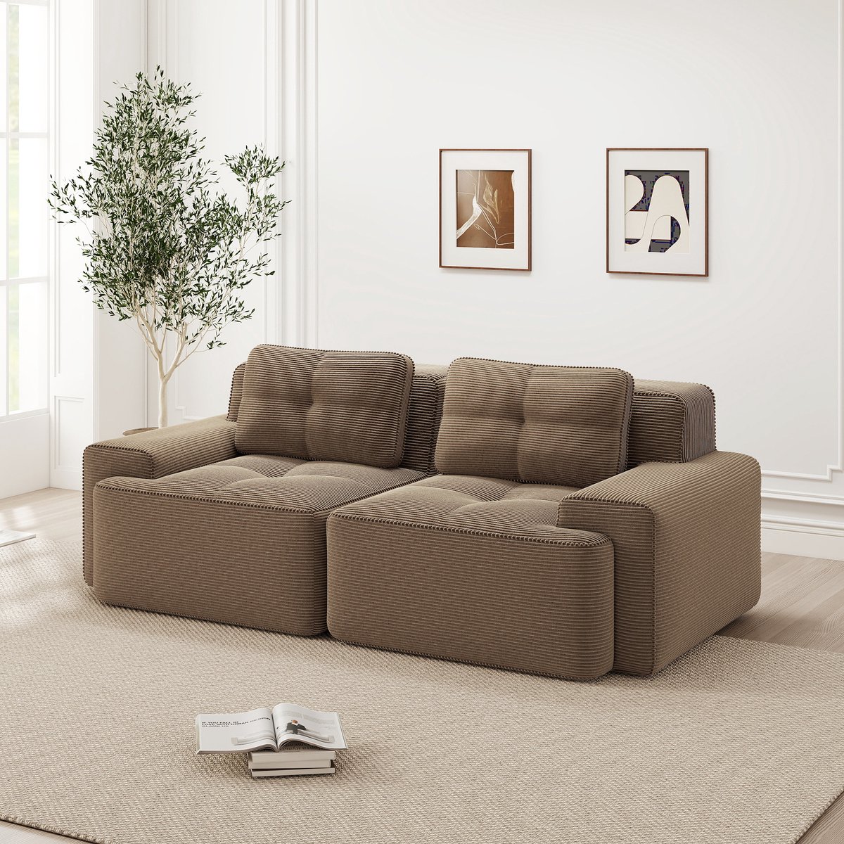 Modulaire Bank - Ribstof Cloud Sofa 2-Zits - Frameloze Lounge Bank Met Diepe Zit, Brede Armleuningen En Antislip Bodem - Comfortabele Hoekbank Voor Woonkamer - Bruin