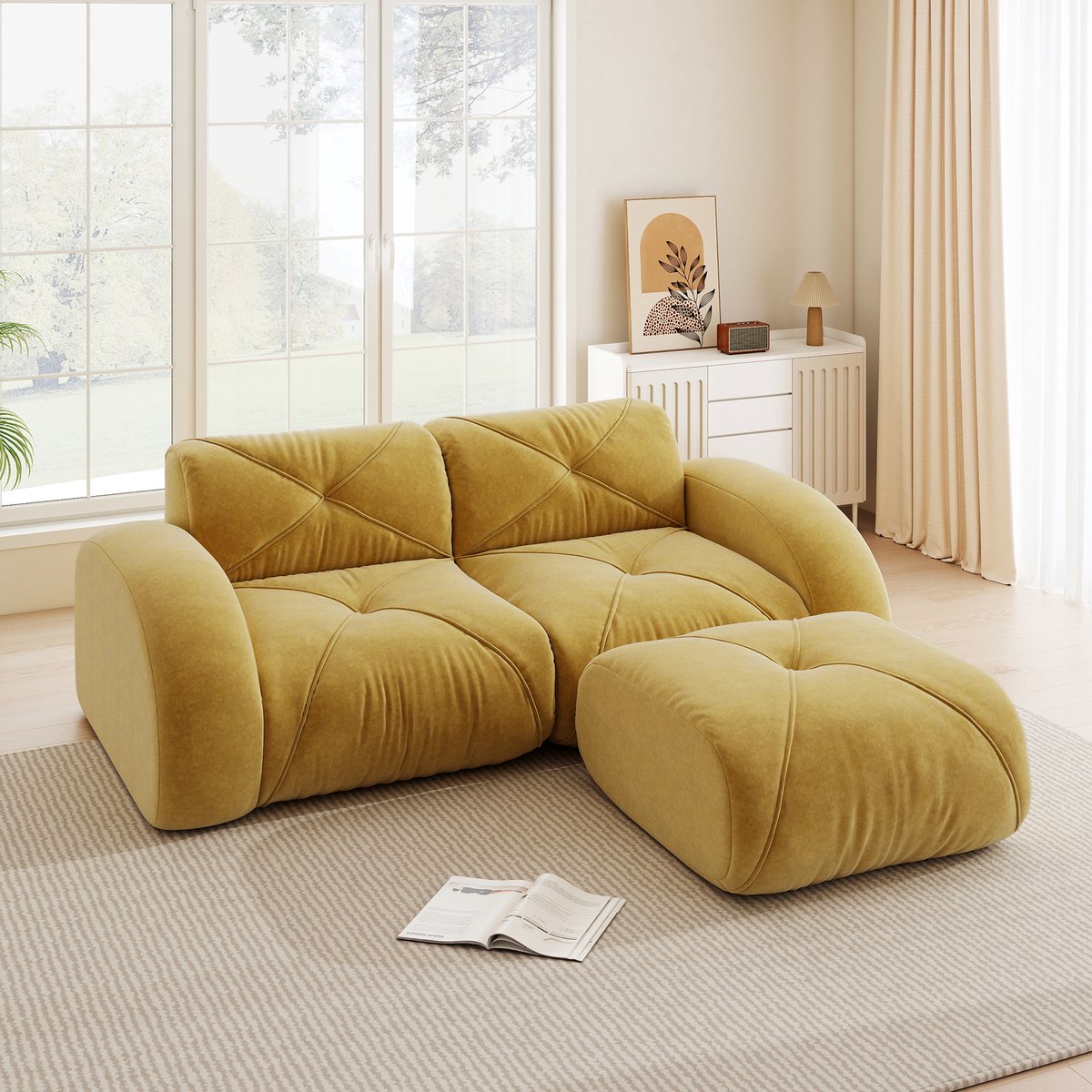 Modulaire Bank - 2-Zits Chenille Sofa Met Hocker 32D Schuim Lounge Bank Geel