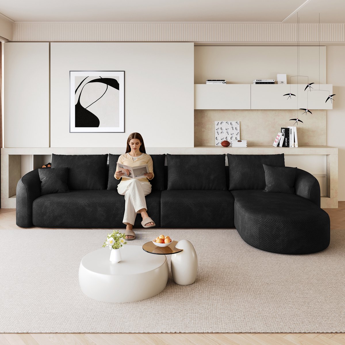 Modulaire Hoekbank - Chenille Cloud Sofa 5-Zits Met Diepe Zit - Frameloze L-Vormige Lounge Bank Zonder Montage - Grote Hoekbank Voor Woonkamer Appartement Zwart
