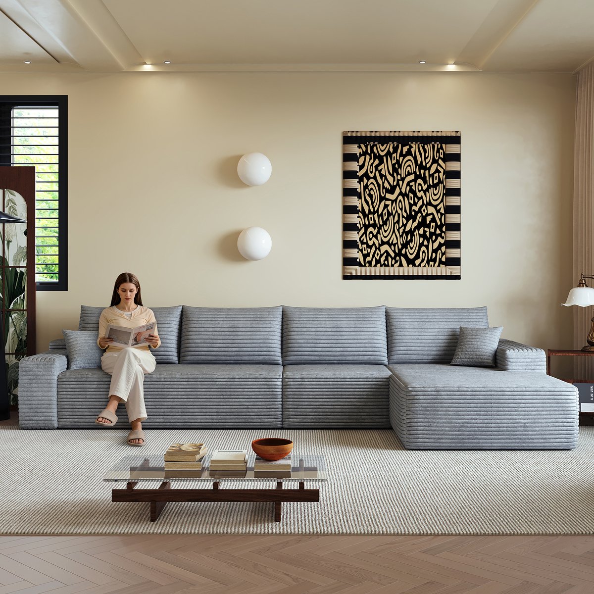 Modulaire Hoekbank - 4-Zits Loungebank Met L-vormige Chaise Longue, Diepe Zit En Corduroy Bekleding - Frameloze Bank Zonder Montage Voor Woonkamer - Grijs