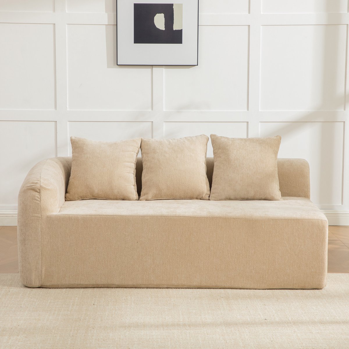 Modulaire Hoekbank - Chenille Lounge Bank 3-Zits - Compressie Sofa Zonder Montage - Zachte Cloud Bank Met 30D Schuimvulling En Antislip Onderkant - Comfortabele Bank Voor Woonkamer - Licht Khaki