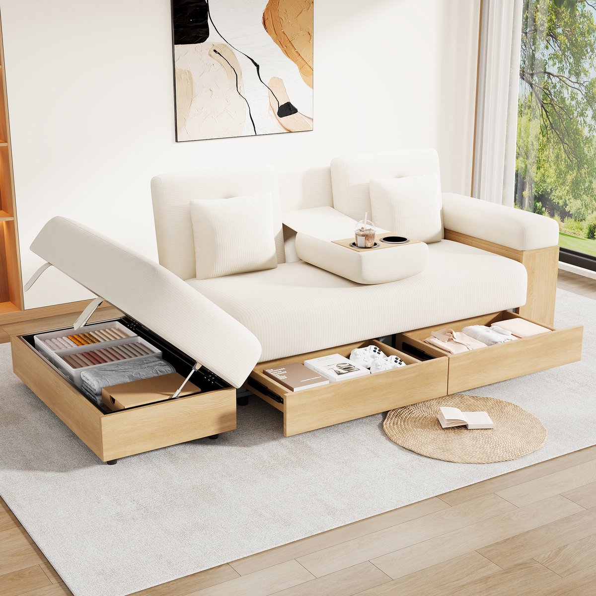 Slaapbank 3-Zits - 217 Cm - Chenille Bank Met 3 Standen Rugleuning - Opbergruimte - Beige