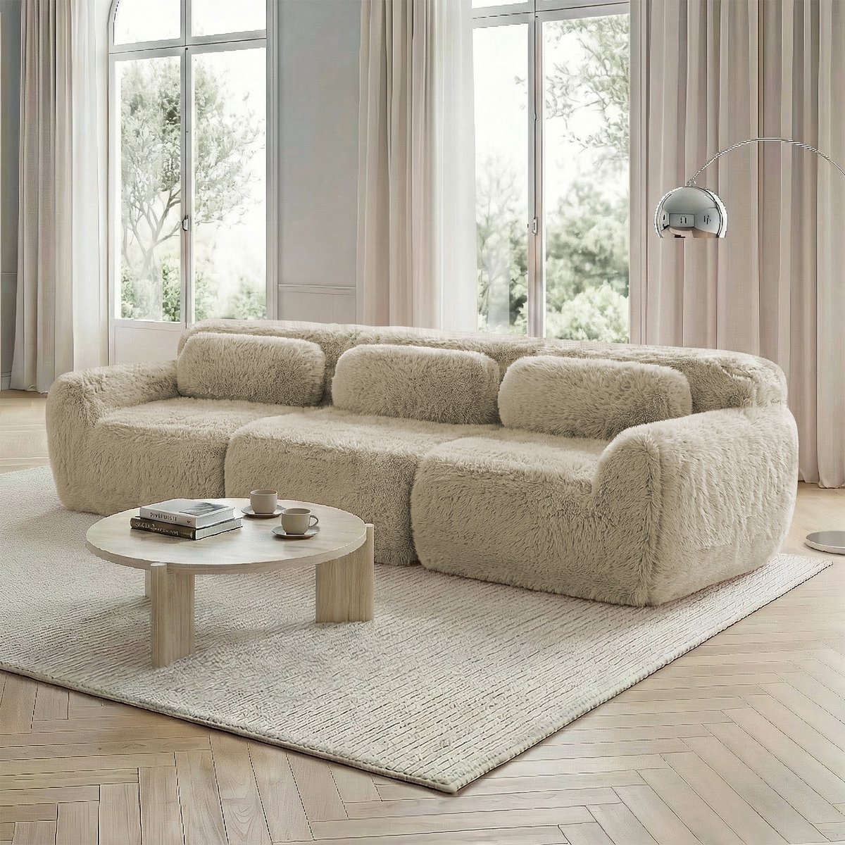 Modulair Sofa met Plüschbekleding - Ruimtelijk Ontwerp voor Woonkamers in - 291x104x73 cm, Licht kaki