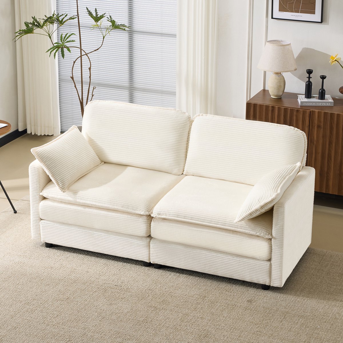 2-persoons Sofa - Modern Design Met Geribd Fluweel Stof - 167.5x75x85 cm, Wit