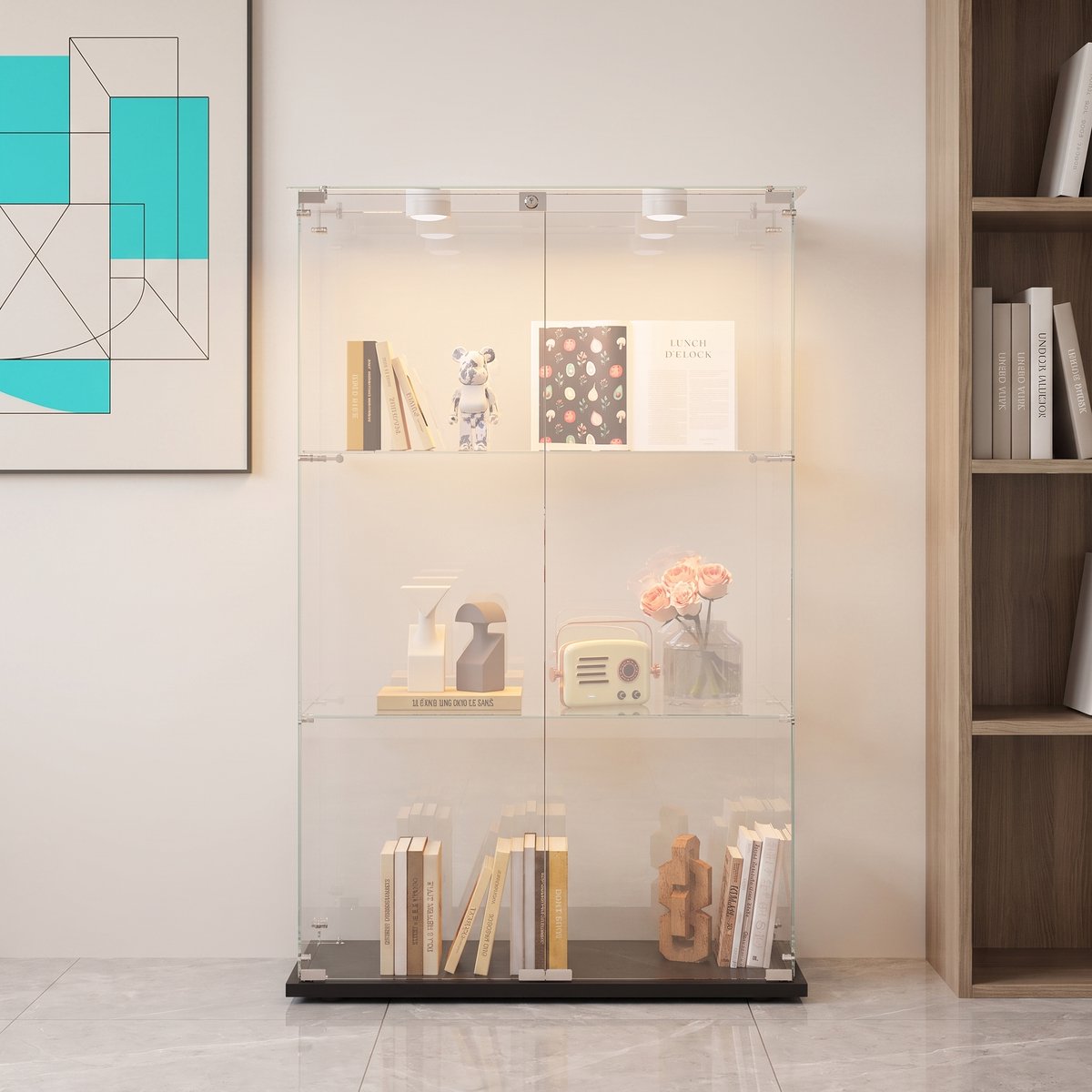 Glazen Vitrinekast, Verticale Verzamelaarskast met Ledstrip, Voorzien 2 Deuren Veiligheidsslot, Ontwerp met 3 Niveaus, Eenvoudig Reinigen, Geschikt voor Woonkamer Kantoor (Zwart)